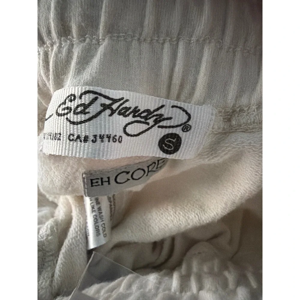 Ed Hardy Womens Cream Wide Leg Sweatpants Skull Roses Pink Logo Y2K Joggers Sz S